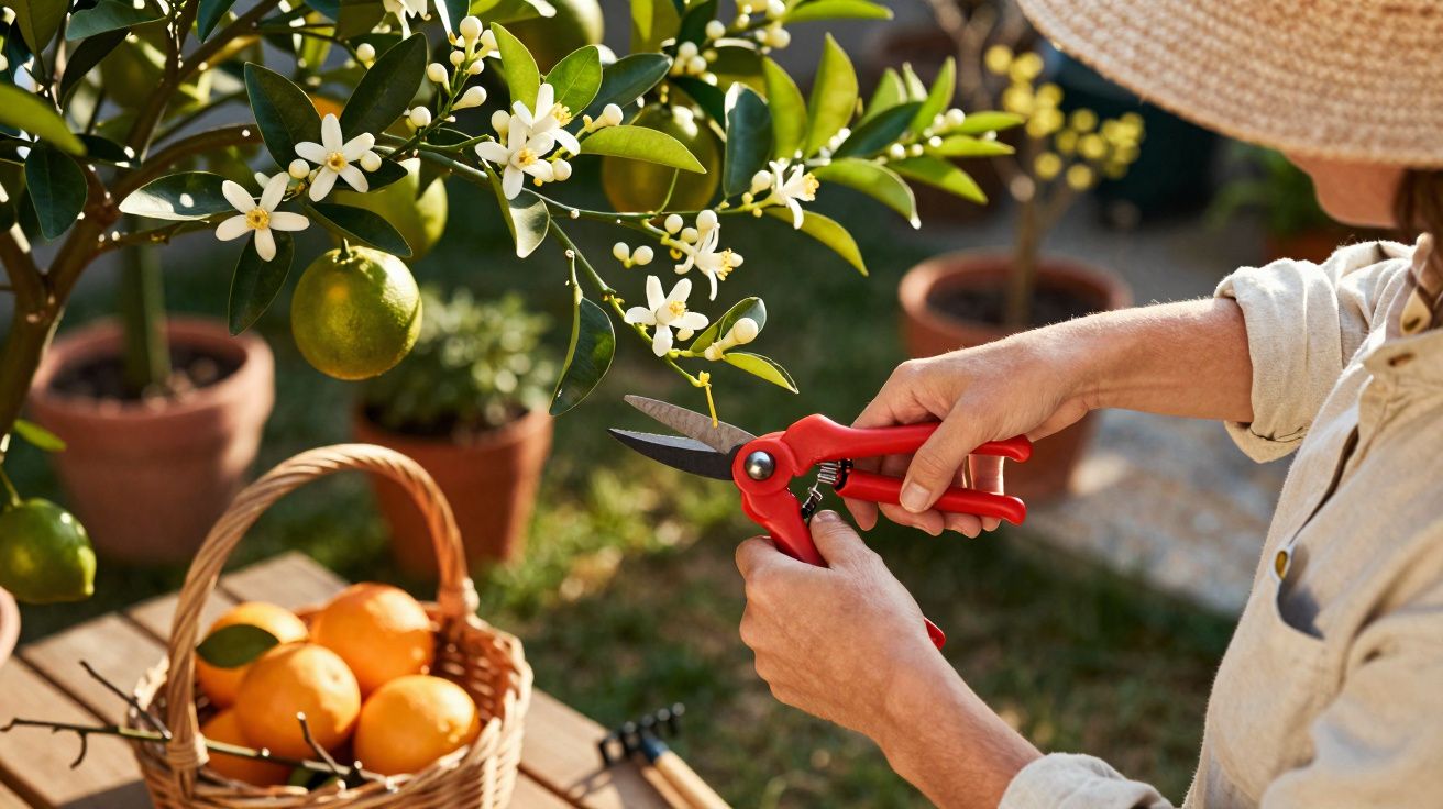 Pessoa a podar galho com flores e frutos de citrinos numa horta com cesta de laranjas ao lado.