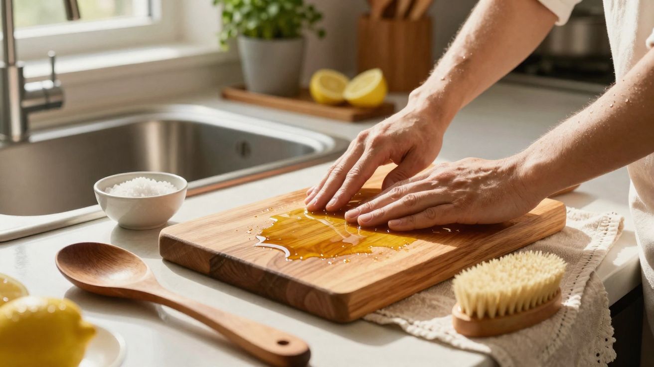 Mãos a limpar tábua de madeira com óleo numa cozinha com acessórios de limpeza e limões ao fundo.