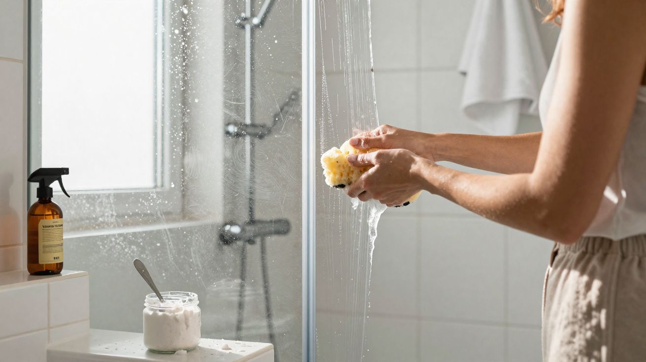 Pessoa a lavar esponja natural debaixo de água na casa de banho com frasco e pote no lavatório.
