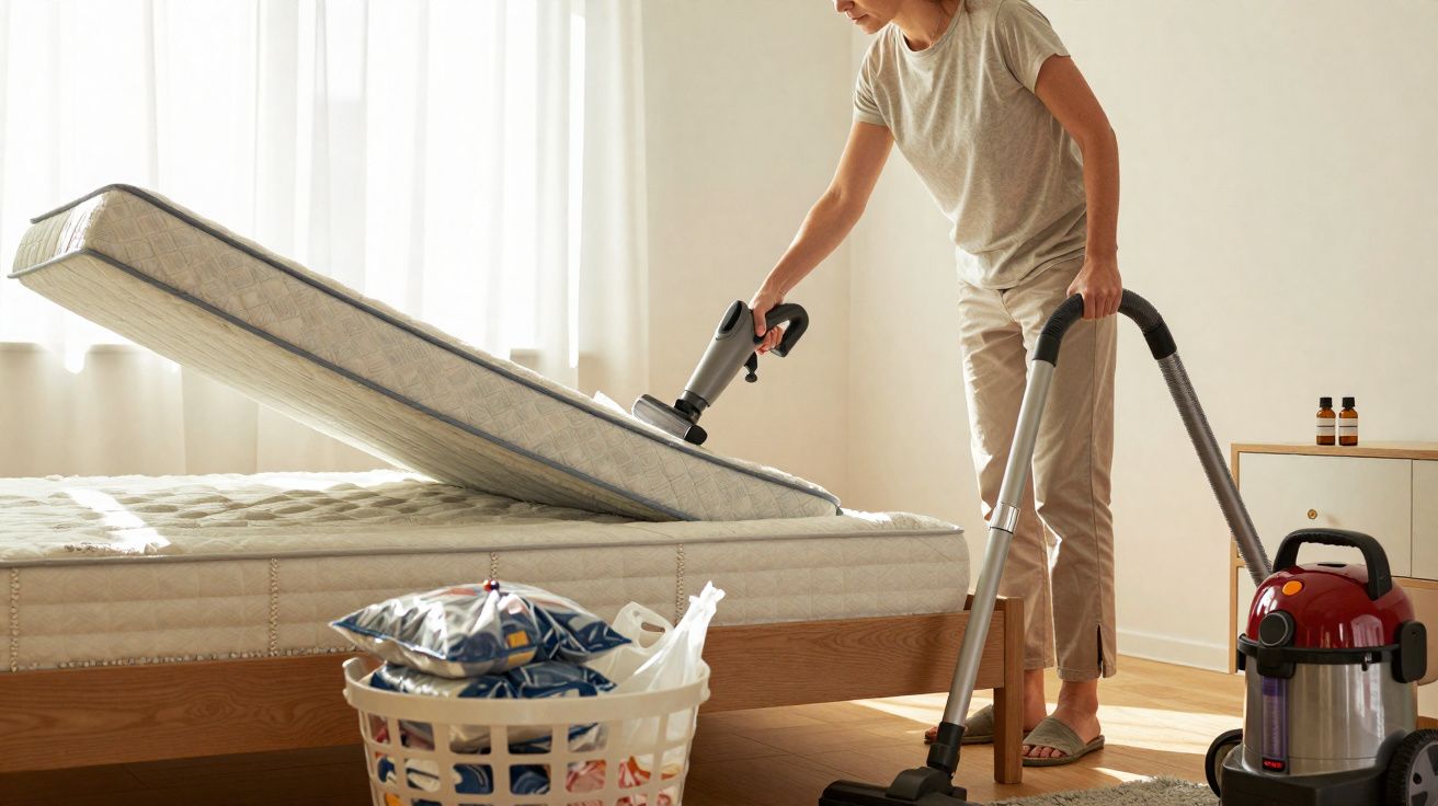 Pessoa a aspirar um colchão numa cama levantada, com cesta de roupa e aspirador à mão numa divisão clara.