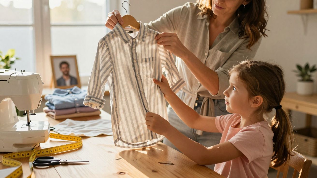 Mulher e menina examinam camisa às riscas num ateliê de costura iluminado.