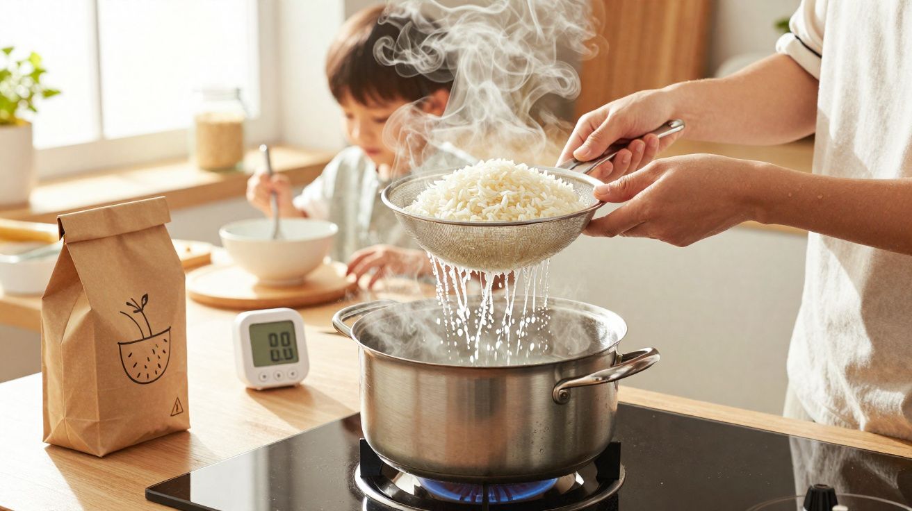 Pessoa a escorrer arroz quente sobre panela a ferver num fogão, com criança a comer ao fundo.