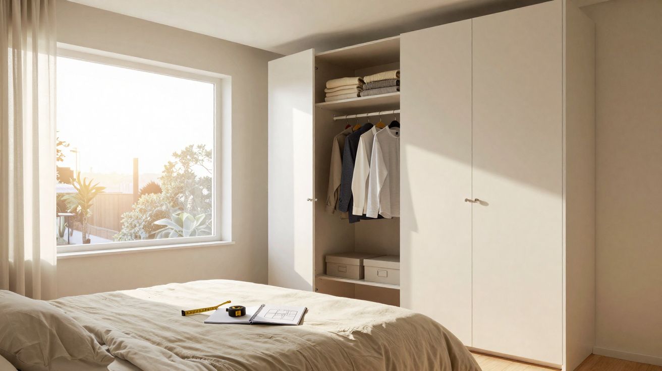 Quarto iluminado com cama, roupeiro branco aberto com roupas penduradas e janela grande com cortina clara.