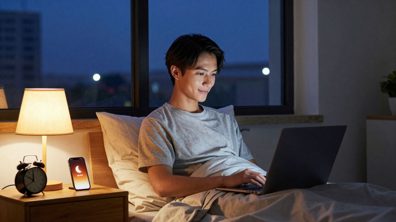Jovem sentado na cama a usar portátil à noite, com luz de candeeiro e smartphone na mesa ao lado.