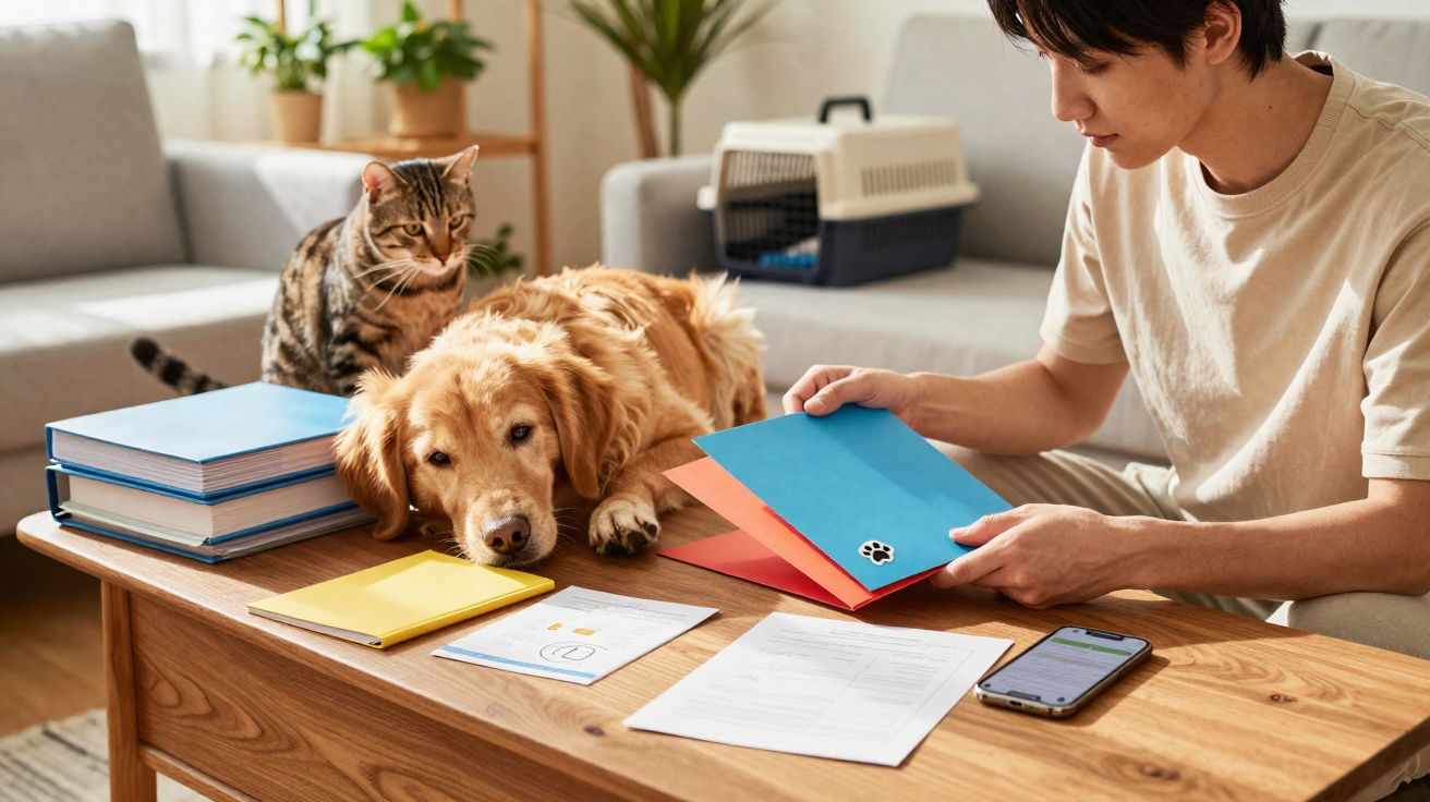Homem sentado a trabalhar à mesa com cão deitado e gato ao lado, documentos e livros espalhados.
