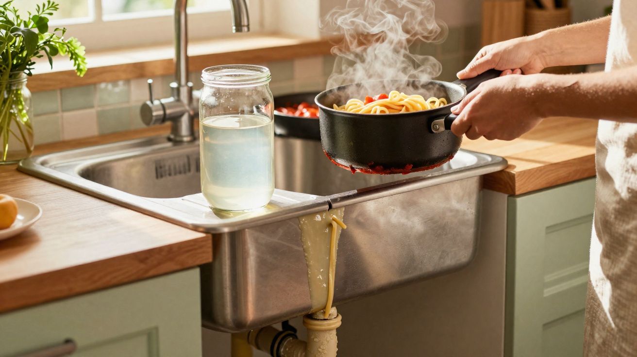 Mãos a verter água quente com escoamento de massa e jarro sobre a pia da cozinha.