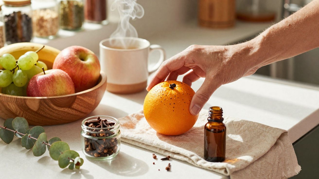 Mão a colocar cravo numa laranja ao lado de frascos, chá fumegante e taça com frutas numa cozinha iluminada.