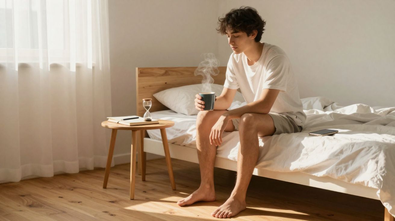 Homem sentado na cama numa sala iluminada a beber chá ou café quente numa caneca escura.