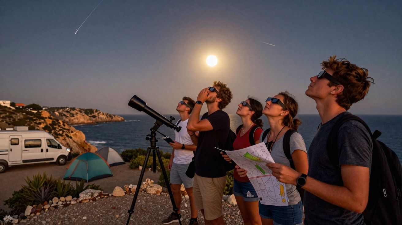 Grupo de pessoas com óculos escuros a observar um eclipse solar junto ao mar numa área de campismo.