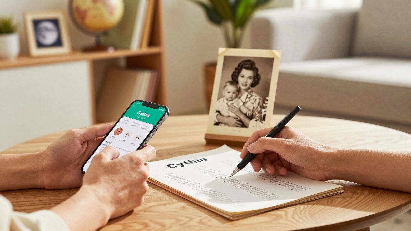 Pessoas a consultar dados da app Cythia em smartphone e papel numa mesa de madeira com foto antiga.