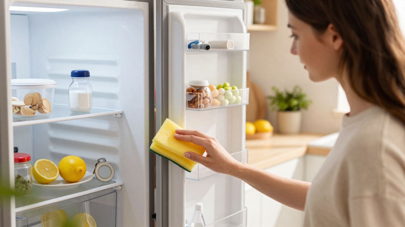 Mulher a limpar a porta do frigorífico com uma esponja na cozinha.