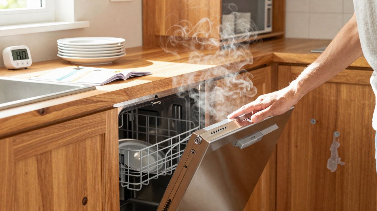 Pessoa abre máquina de lavar loiça produzindo vapor quente numa cozinha com armários de madeira.