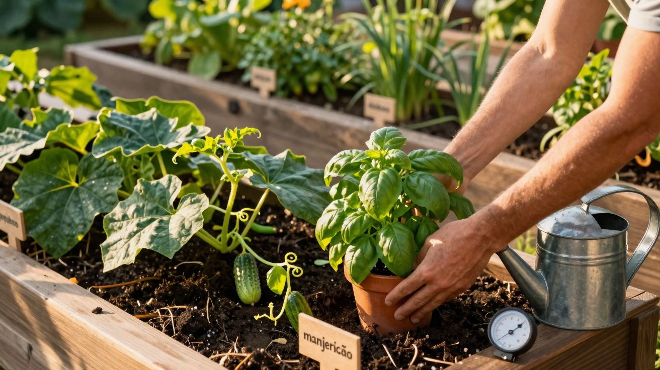 Pessoa a colocar vaso de manjericão numa horta elevada com regador metálico ao lado e pepinos verdes na terra.