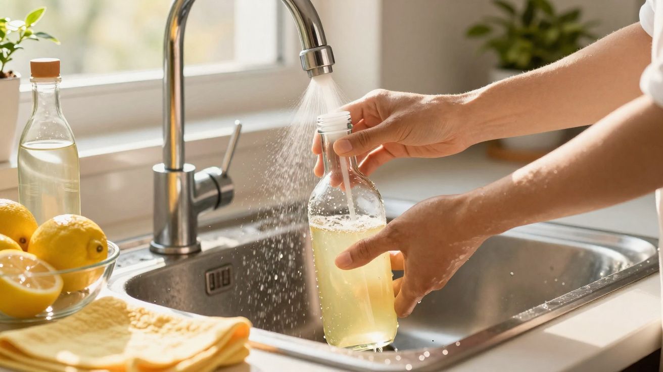 Mãos a lavar uma garrafa de vidro com água e um líquido amarelo na pia da cozinha com limões ao lado.