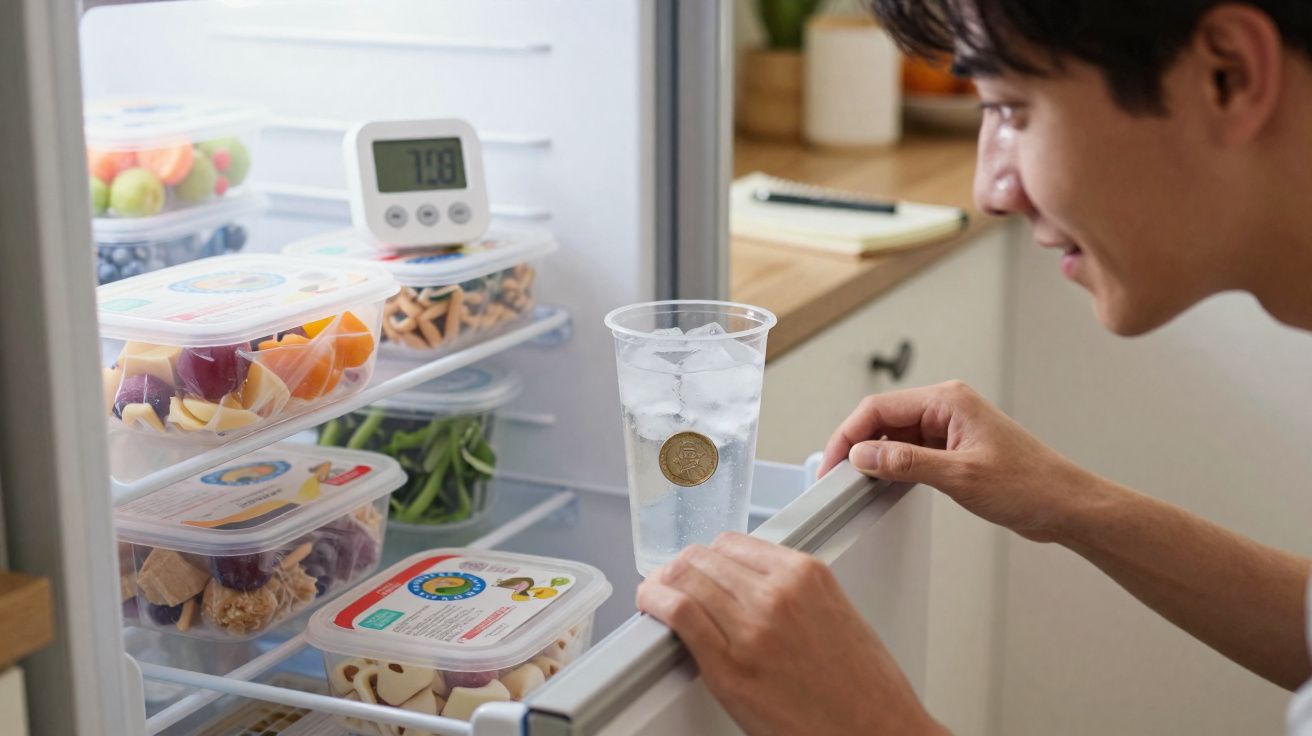 Homem a verificar temperatura no interior do frigorífico cheio de recipientes com frutas e legumes.