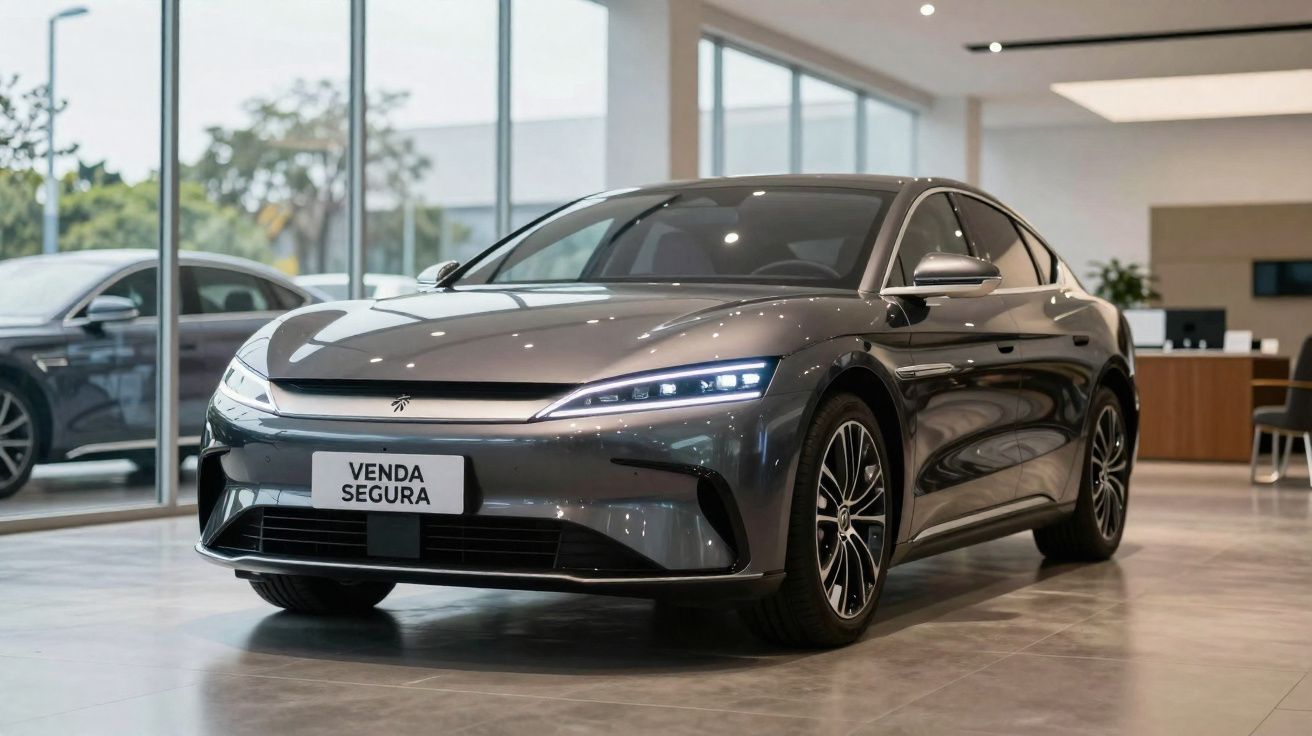 Carro elétrico cinza escuro moderno em exposição numa sala de showroom com luz natural ampla.