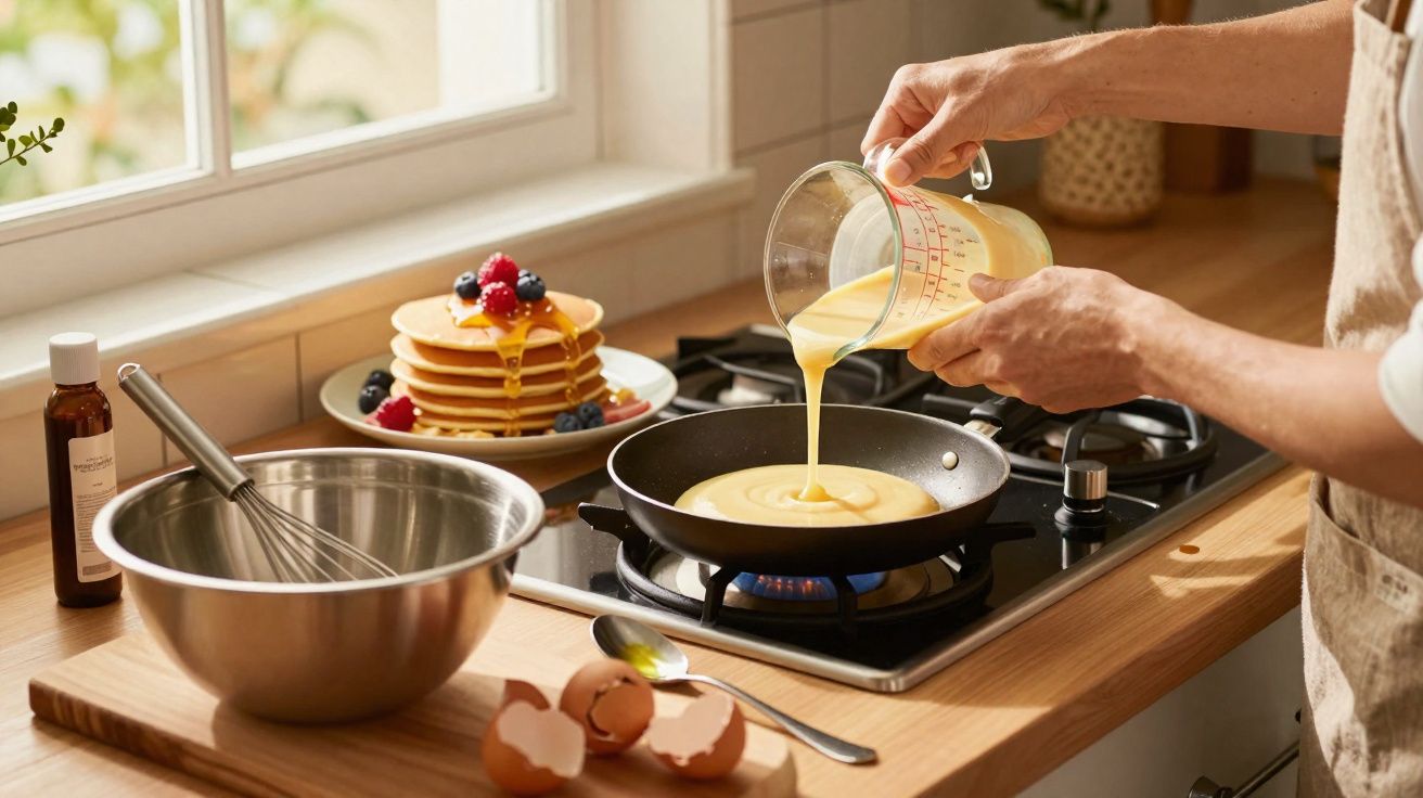 Pessoa a deitar massa para panquecas numa frigideira numa cozinha luminosa, com panquecas prontas ao fundo.