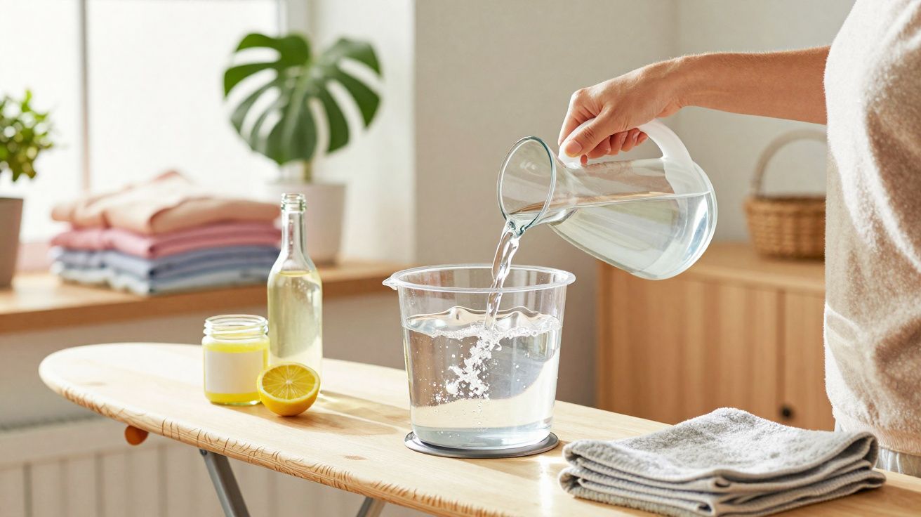 Pessoa a verter água de jarro para balde transparente numa tábua de engomar com roupa dobrada e produtos domésticos.