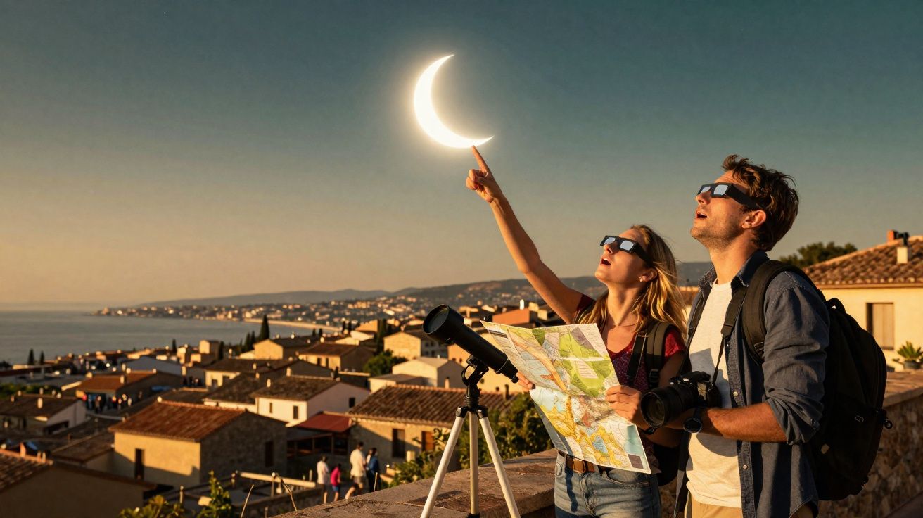Casal observando eclipse com óculos especiais, mapa e telescópio numa paisagem urbana ao entardecer.