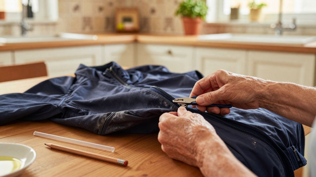 Mãos de idoso a reparar o fecho de uma jaqueta azul sobre uma mesa de madeira numa cozinha.