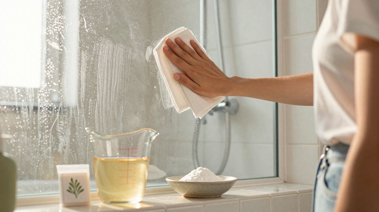 Pessoa a limpar vidro de casa de banho com um pano, ao lado de ingredientes para limpeza caseira.