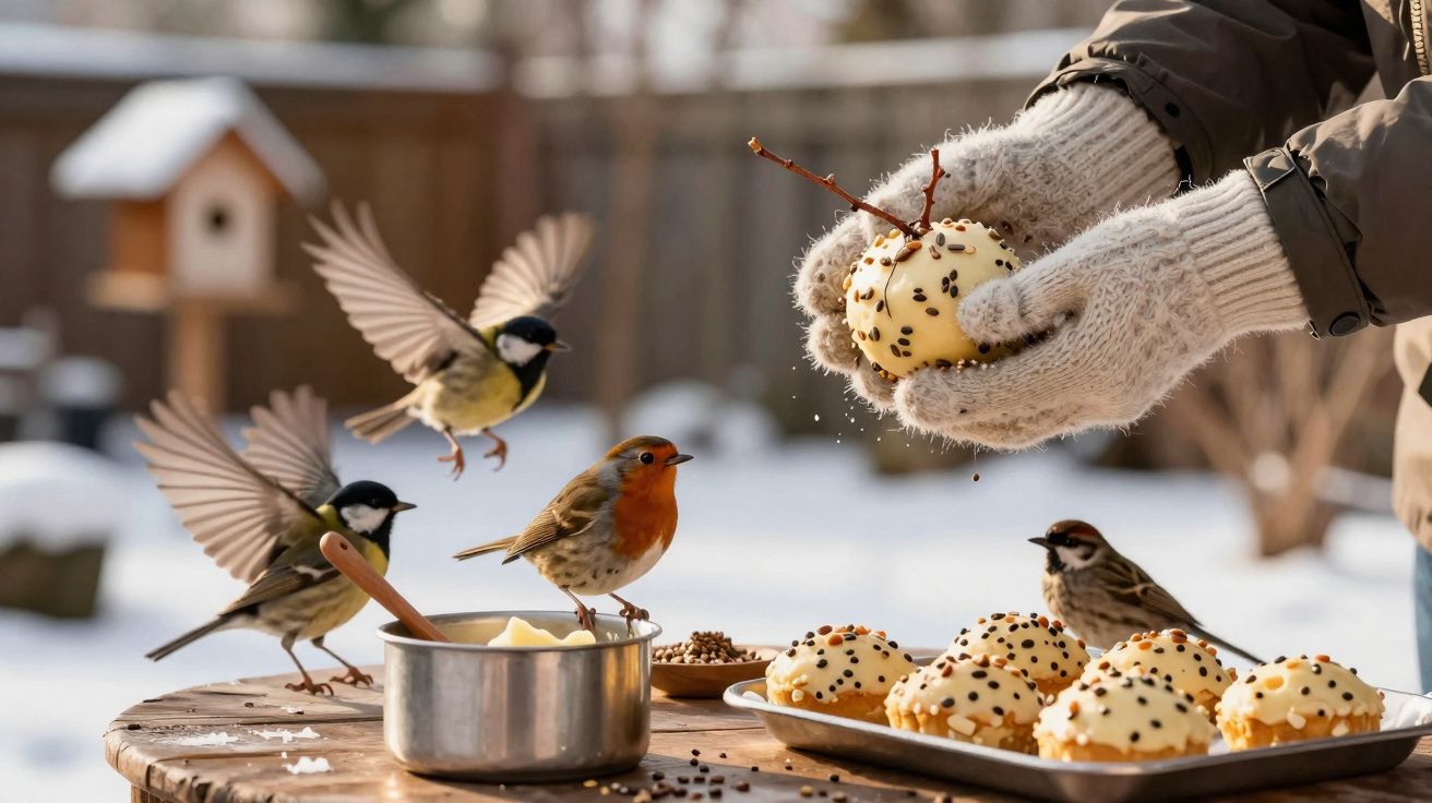 Pássaros a alimentar-se de bolos com sementes numa mesa de madeira ao ar livre no Inverno.
