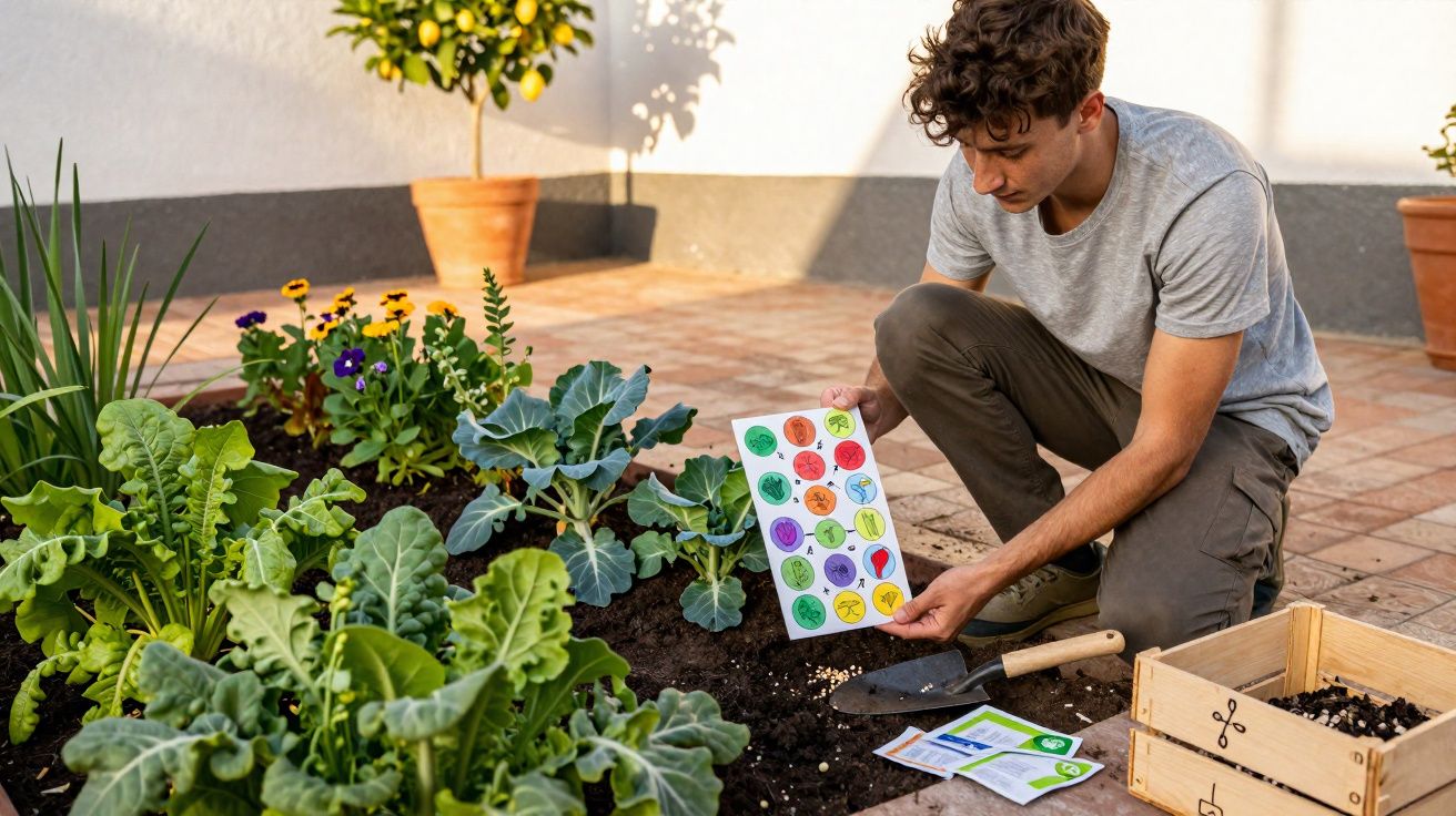 Rapaz a semear sementes numa horta urbana com guia de plantas coloridas e ferramentas de jardinagem.