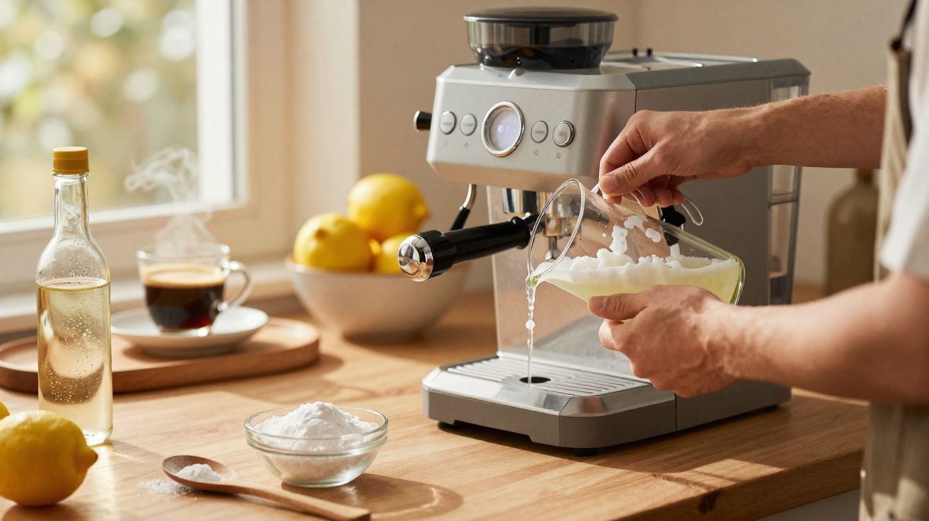 Pessoa a verter leite numa máquina de café espresso numa cozinha com limões e ingredientes na mesa.