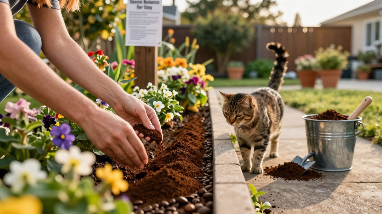 Mãos a plantar flores numa canteiro com gato a observar e balde com terra no jardim ensolarado.