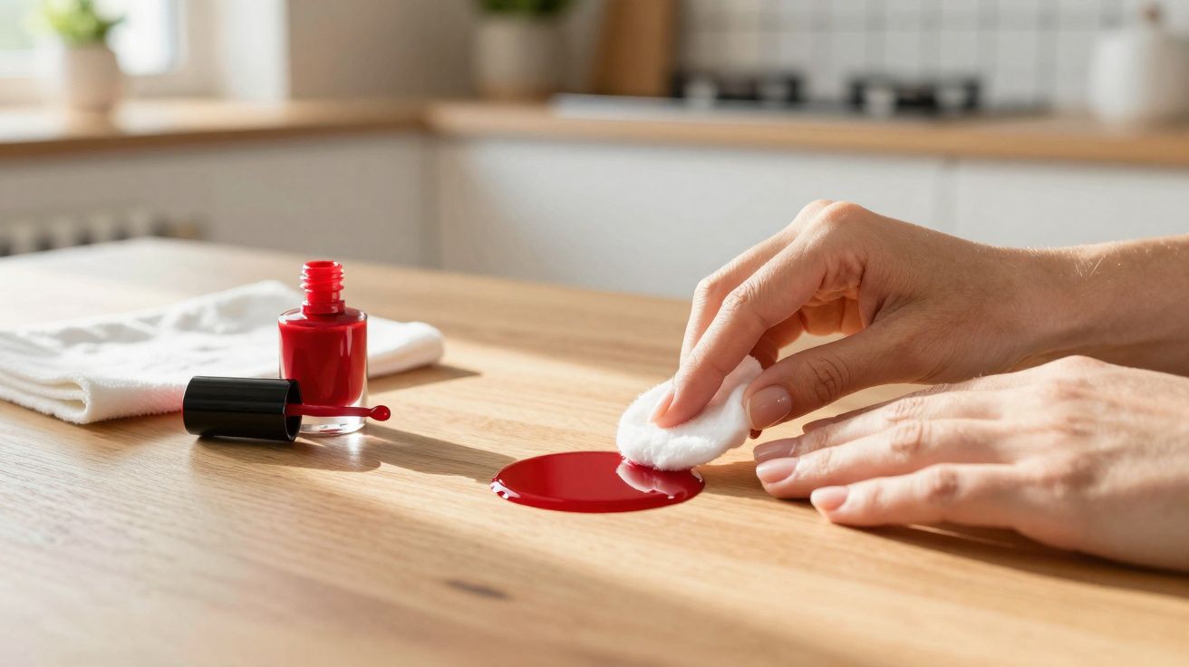 Mãos a limpar verniz vermelho derramado numa mesa de madeira com uma almofada de algodão.