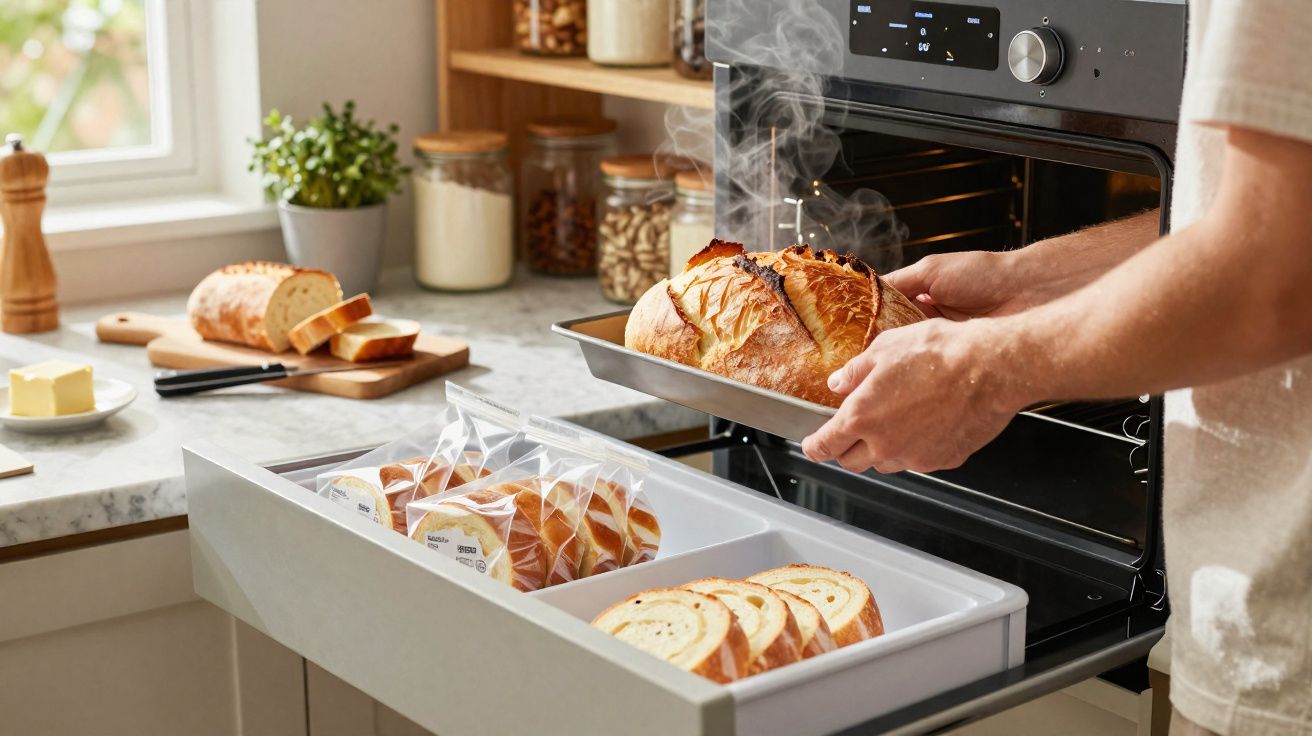 Pessoa a tirar pão fumegante acabado de cozer do forno numa cozinha moderna.