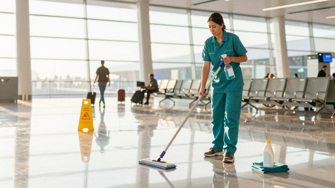 Funcionária a limpar o chão de um aeroporto com esfregona, roupa azul e frascos de limpeza no chão.