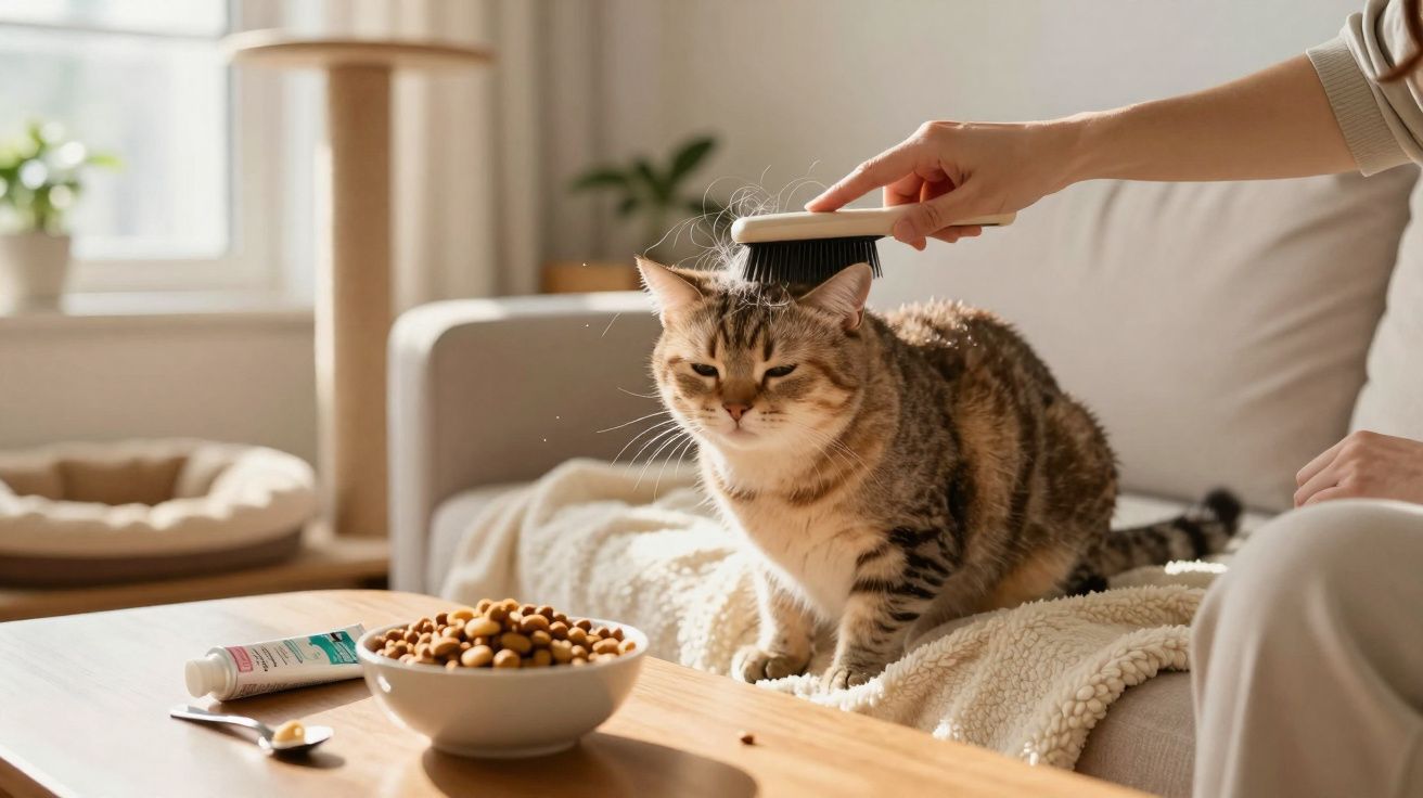 Pessoa a escovar um gato castanho e branco num sofá com luz natural e comida para gato na mesa.