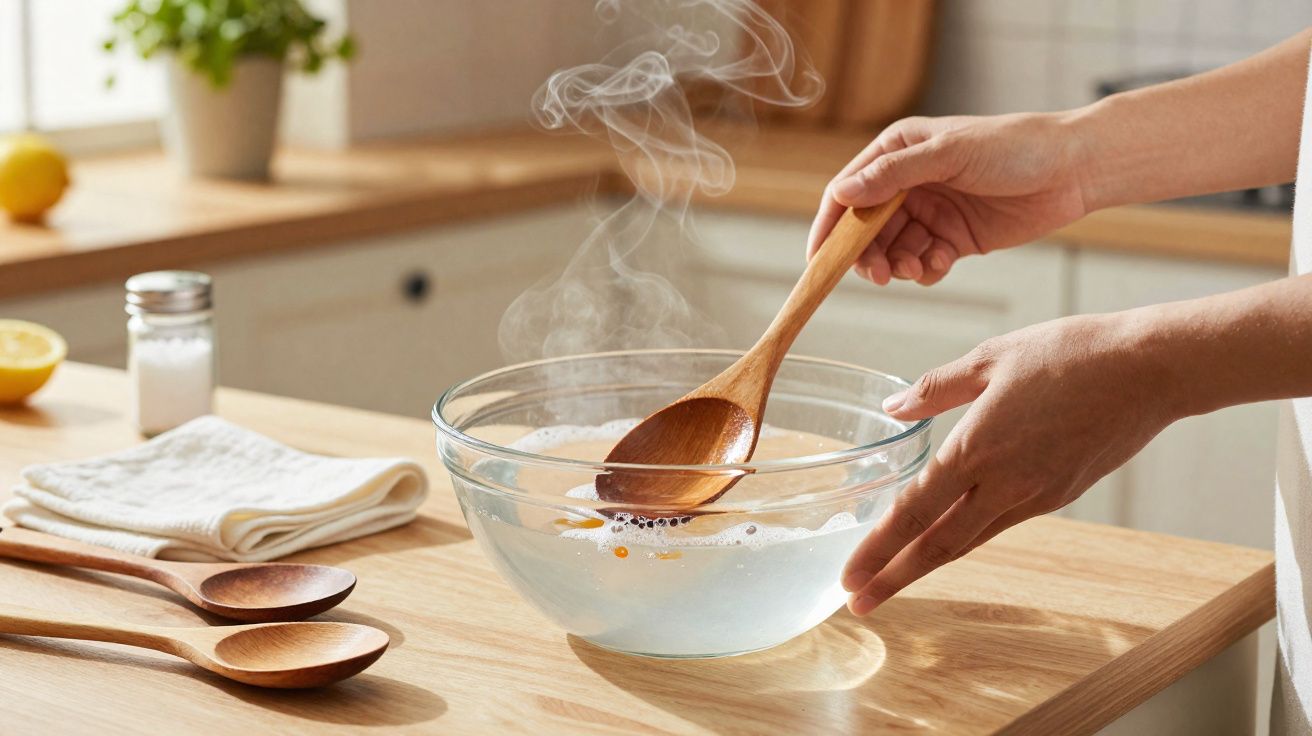 Pessoa a mexer com colher de pau numa tigela de vidro com água quente na cozinha.