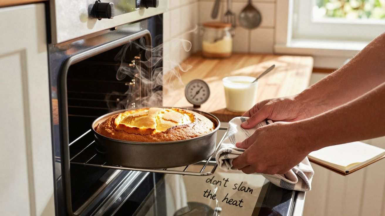 Pessoa a retirar do forno um bolo acabado de cozer numa forma redonda, com vapor a subir.