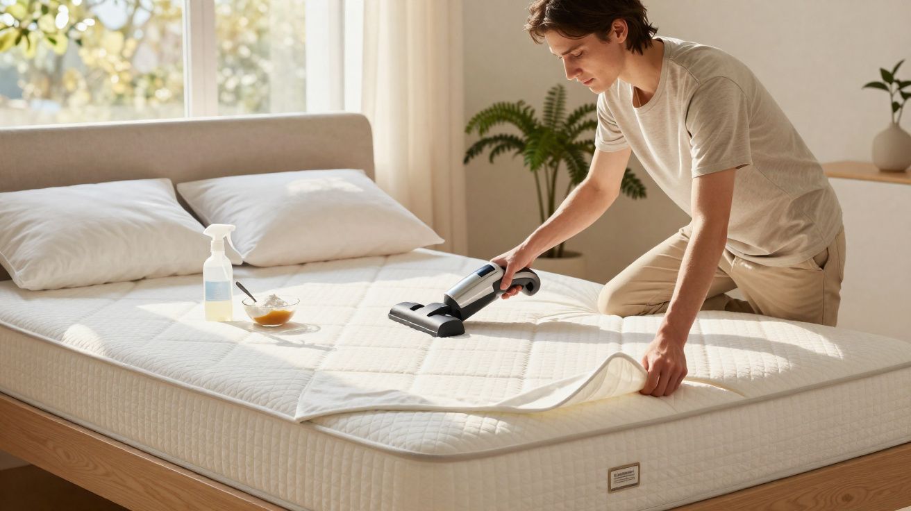 Jovem a aspirar colchão branco numa cama de madeira num quarto luminoso e com plantas.
