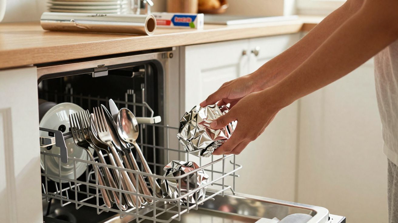 Pessoa a colocar papel de alumínio no lava-loiças cheio de talheres e pratos num ambiente de cozinha.