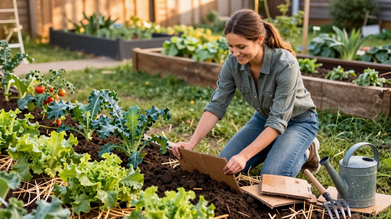 Mulher a cultivar uma horta urbana, a colocar cartão no solo entre alfaces e outros vegetais.