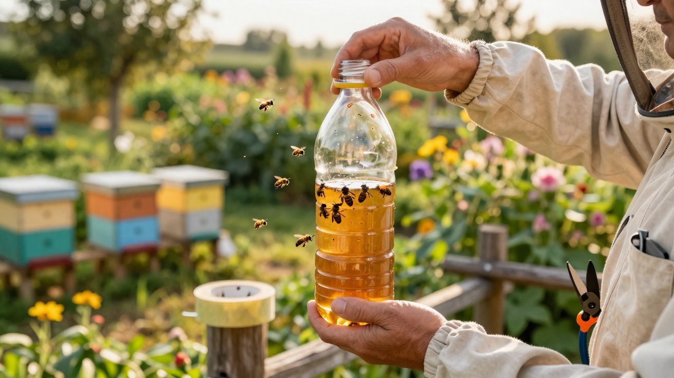 Apicultor segura garrafa com líquido amarelo enquanto abelhas voam à sua volta num jardim florido.