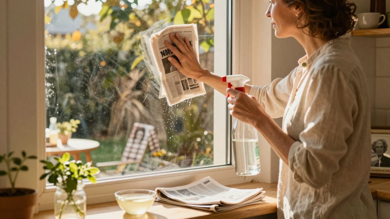 Mulher a limpar uma janela de cozinha com jornal e frasco de spray, luz natural e plantas à janela.