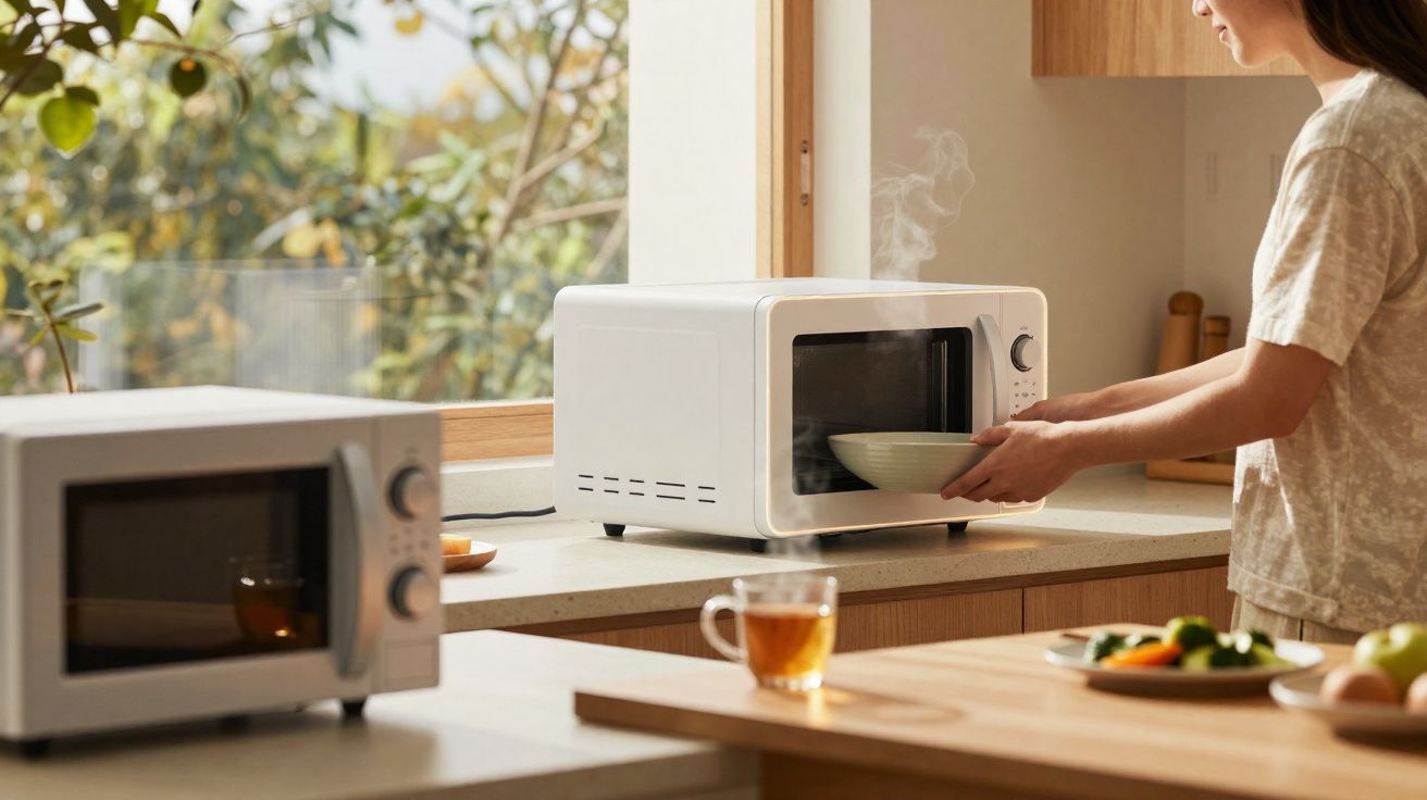 Mulher a retirar tigela quente de micro-ondas branco numa cozinha luminosa junto a janela.