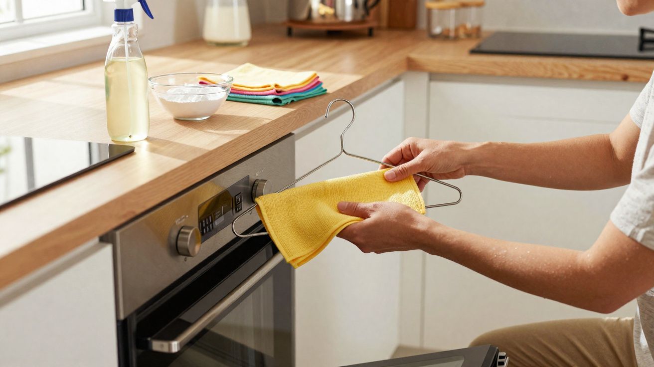 Pessoa a limpar uma porta de forno com um pano amarelo na cozinha moderna.