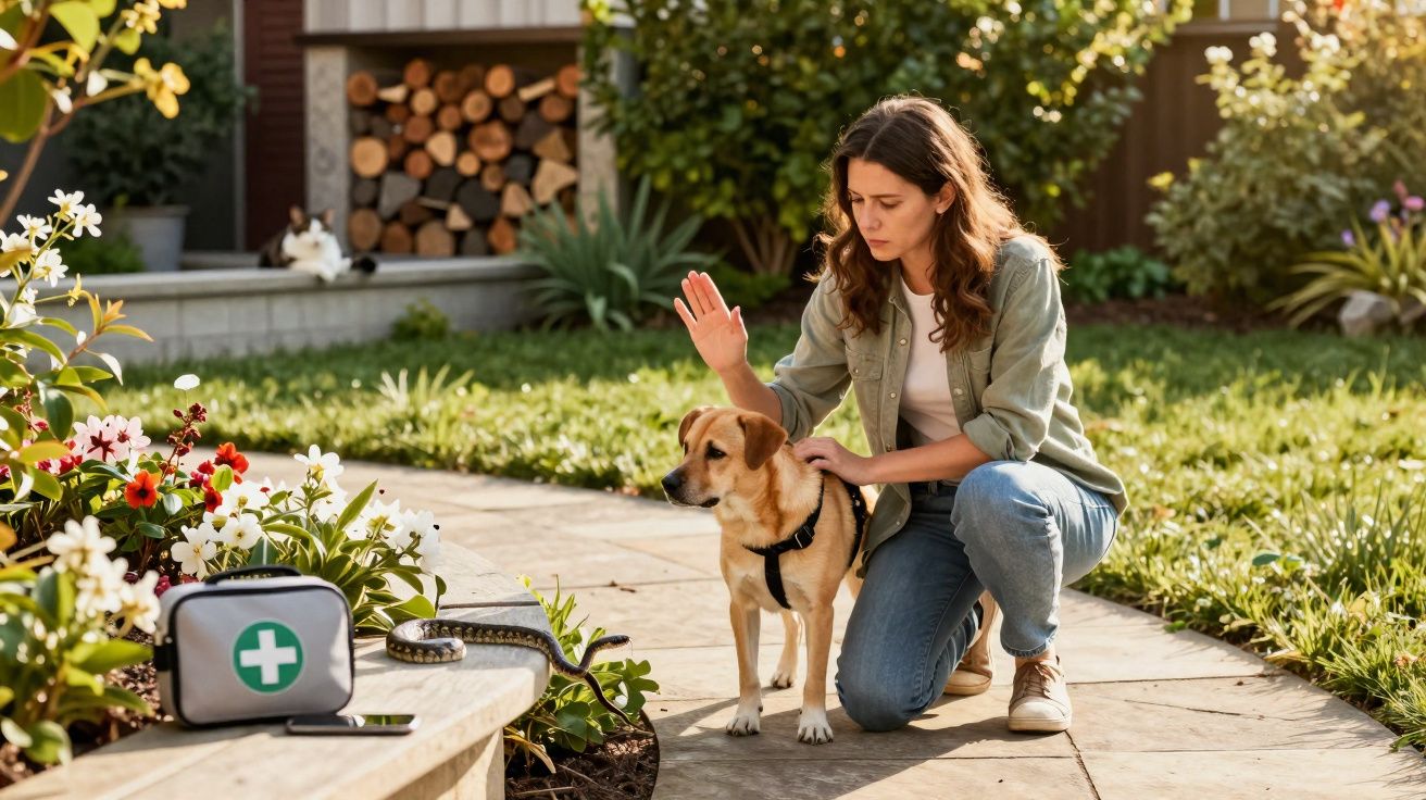 Mulher a treinar cão num jardim com plantas, kit de primeiros socorros e cobra ao lado.