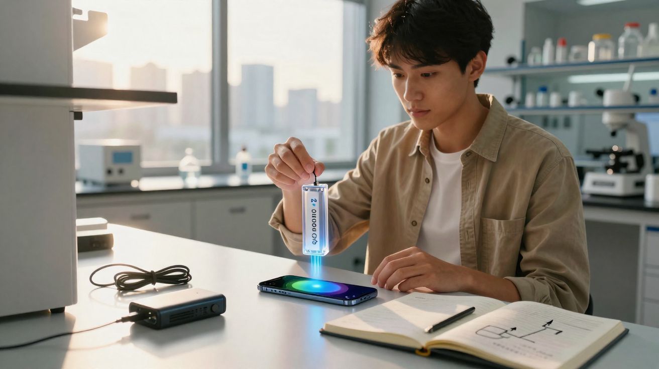 Jovem a usar dispositivo tecnológico para projetar holograma colorido sobre telemóvel num laboratório moderno.
