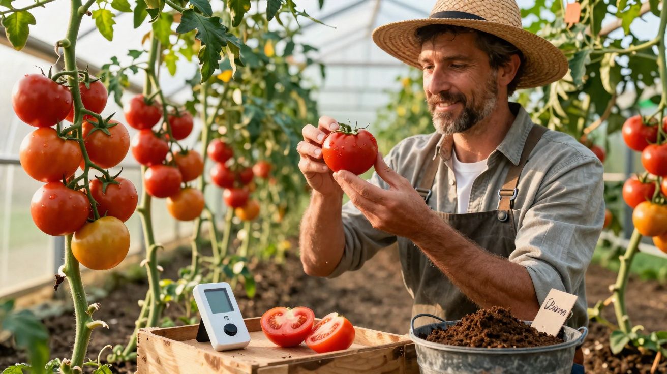 Homem com chapéu a colher tomates maduros numa estufa agrícola moderna.