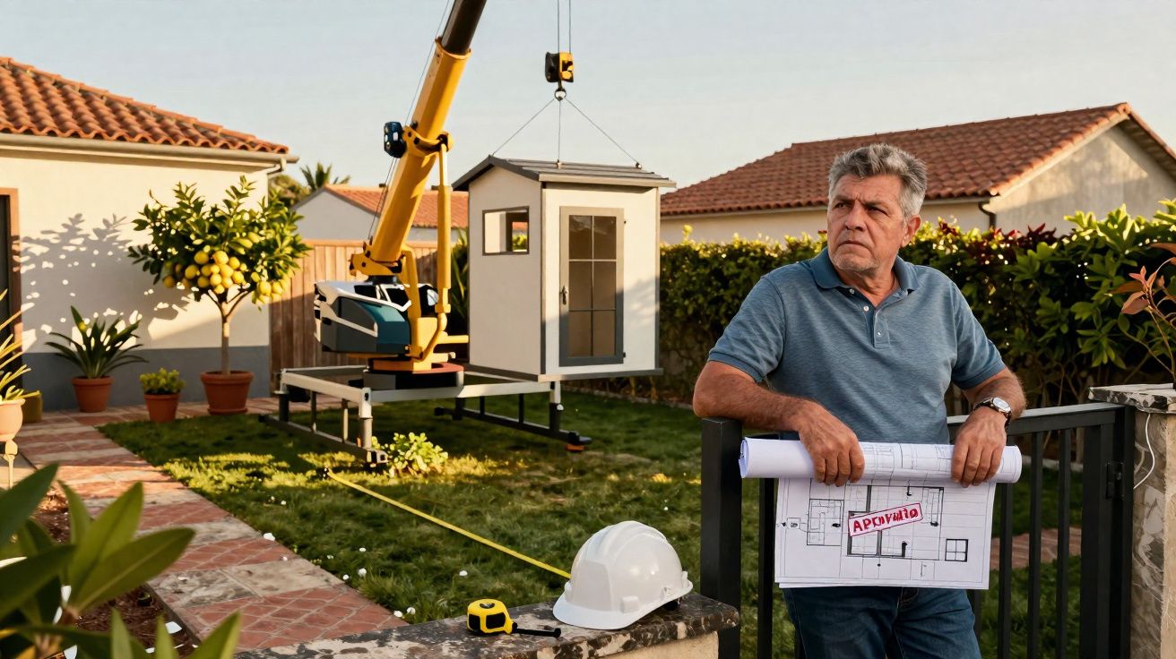 Homem com planta de construção aprovada observa casa pré-fabricada a ser instalada num jardim.