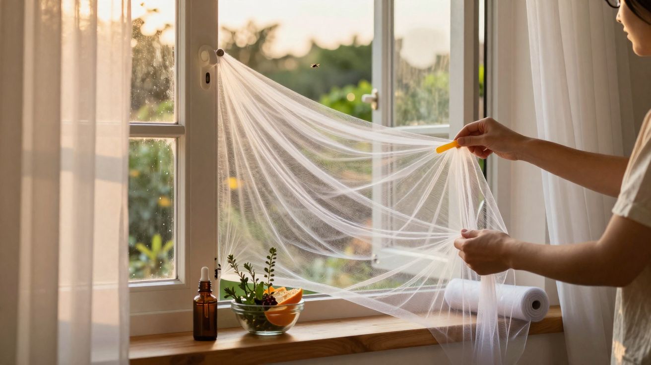 Pessoa a aplicar rede mosquiteira numa janela com cenário natural ao fundo ao pôr do sol.