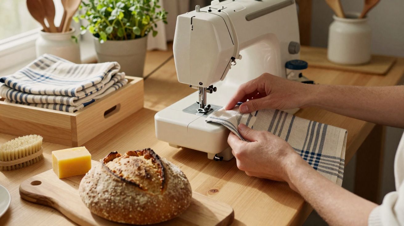 Pessoa a coser tecido com máquina de costura numa mesa de madeira com pão e utensílios de cozinha.