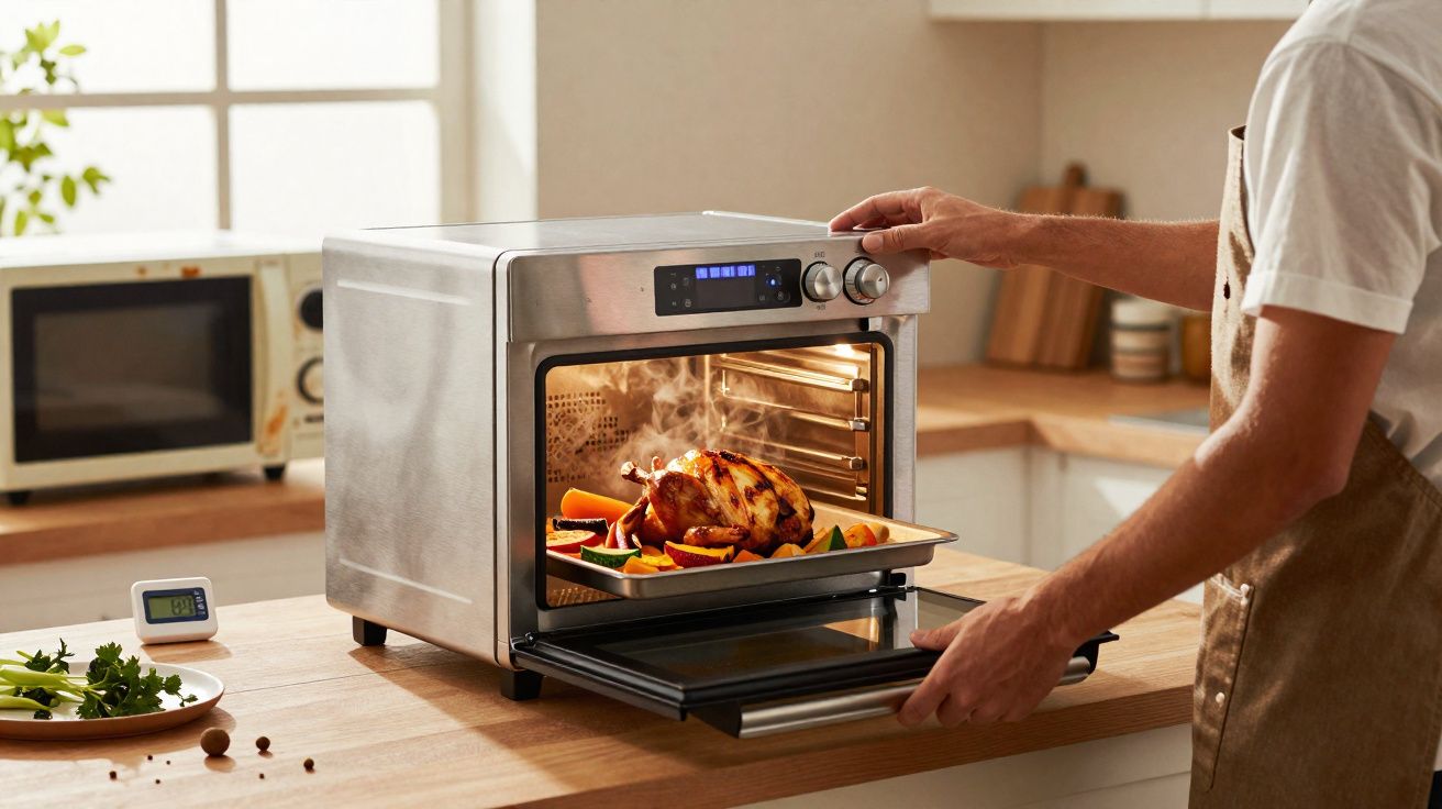 Pessoa a retirar frango assado com vegetais de forno elétrico numa cozinha moderna.