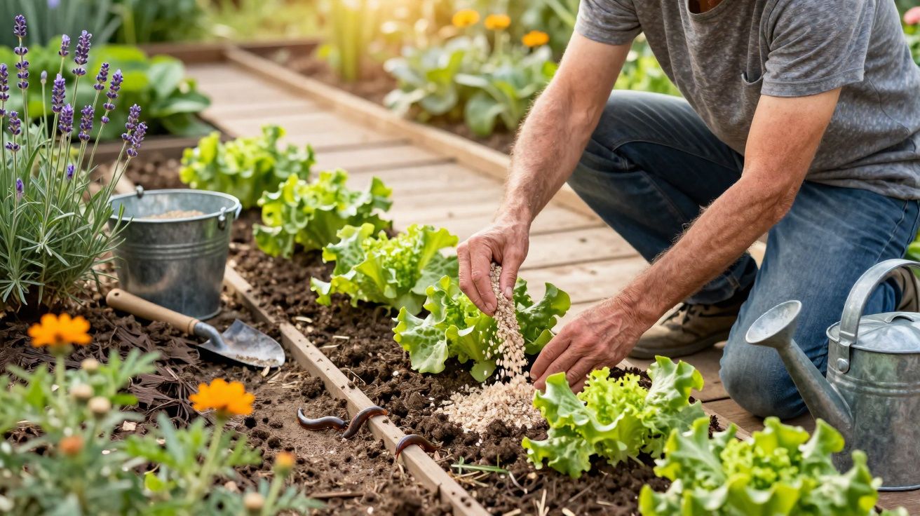 Pessoa a semear em canteiro de vegetais com ferramentas de jardinagem ao lado num jardim.